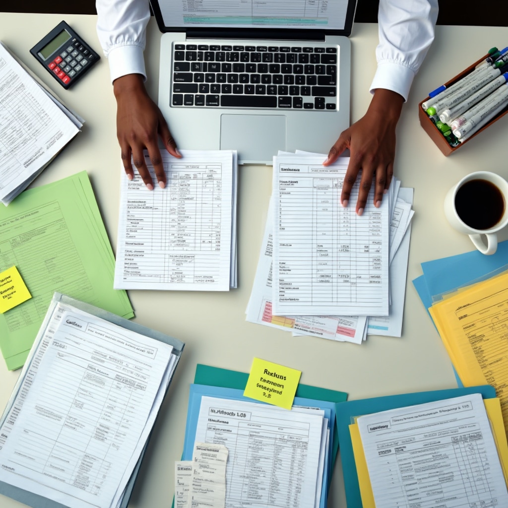 Purchase receipts and supplier invoices being sorted and cataloged