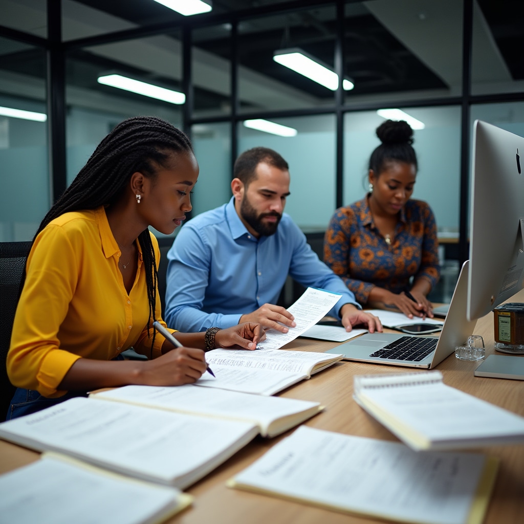 Professional team members carefully digitizing handwritten financial ledgers